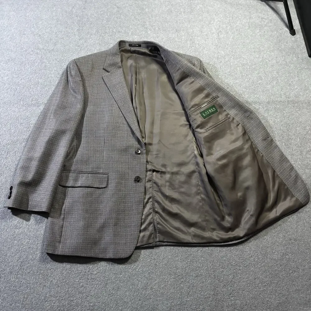 Lauren Ralph Lauren Silk Wool Blazer 43R Gray Glen Plaid Houndstooth Jacket